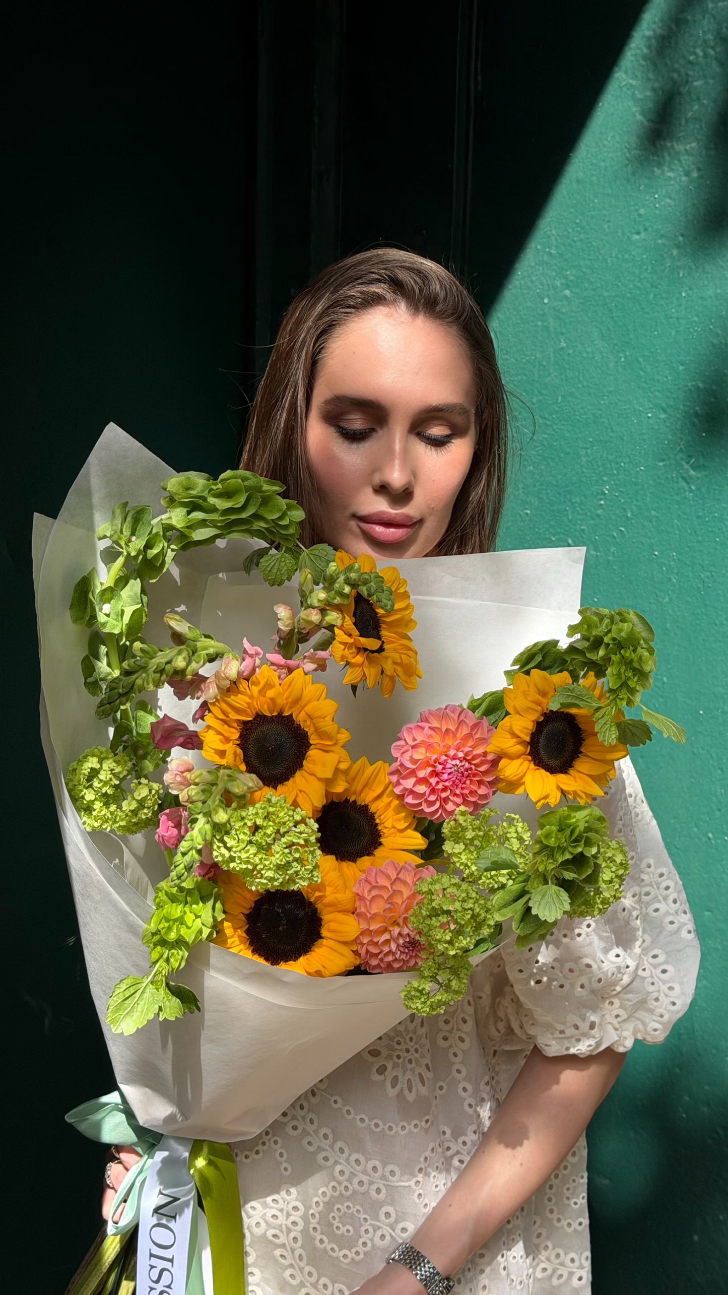 “Sun Drop” Bouquet (Viburnum, Dahlias, Snap, Hydrangea, Bells of Ireland, Sunflowers)