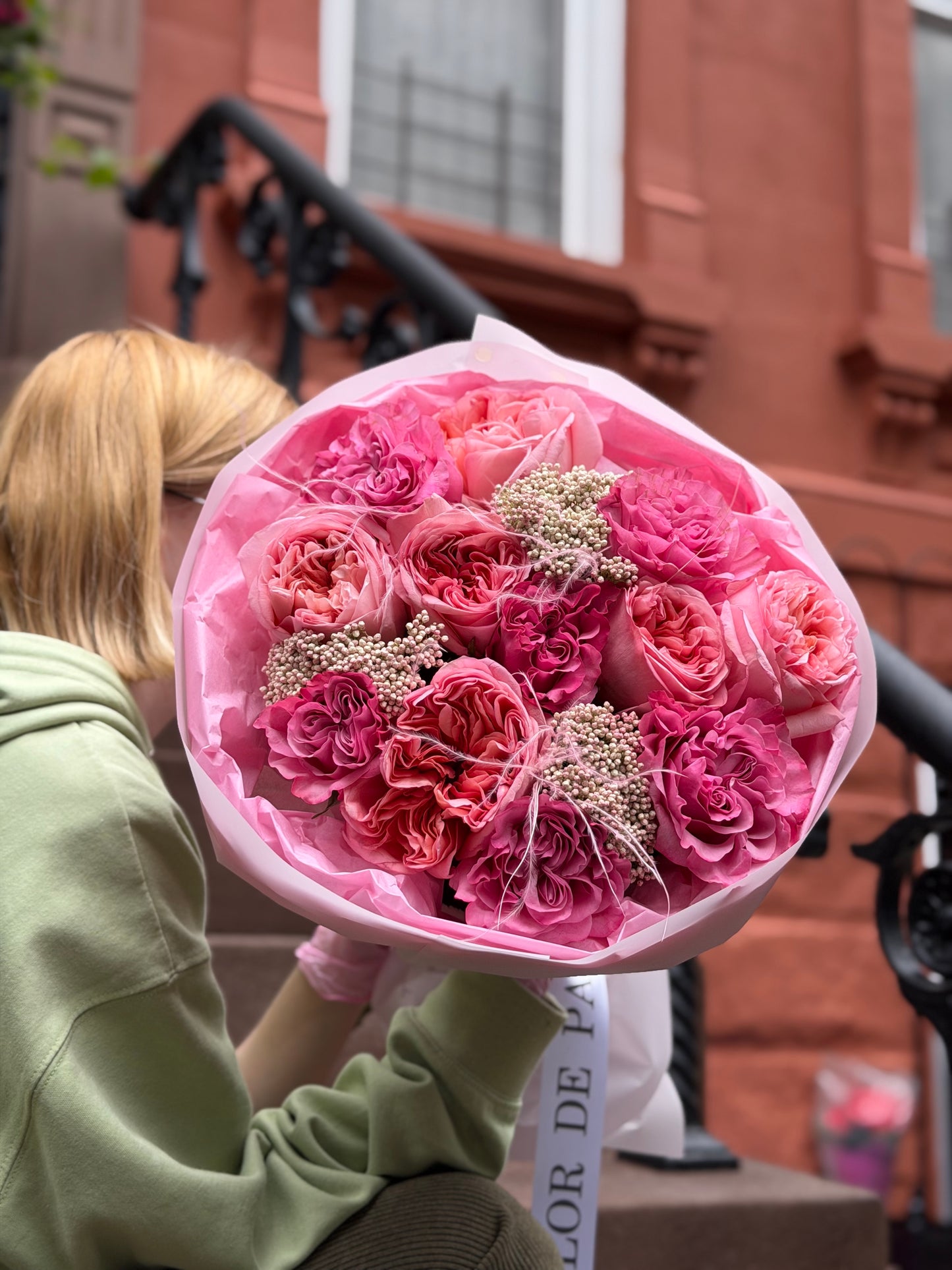 “Pink Stories” Bouquet (Country Blues Roses, Pink Expression Garden Roses, Rice Flower, Stipa)