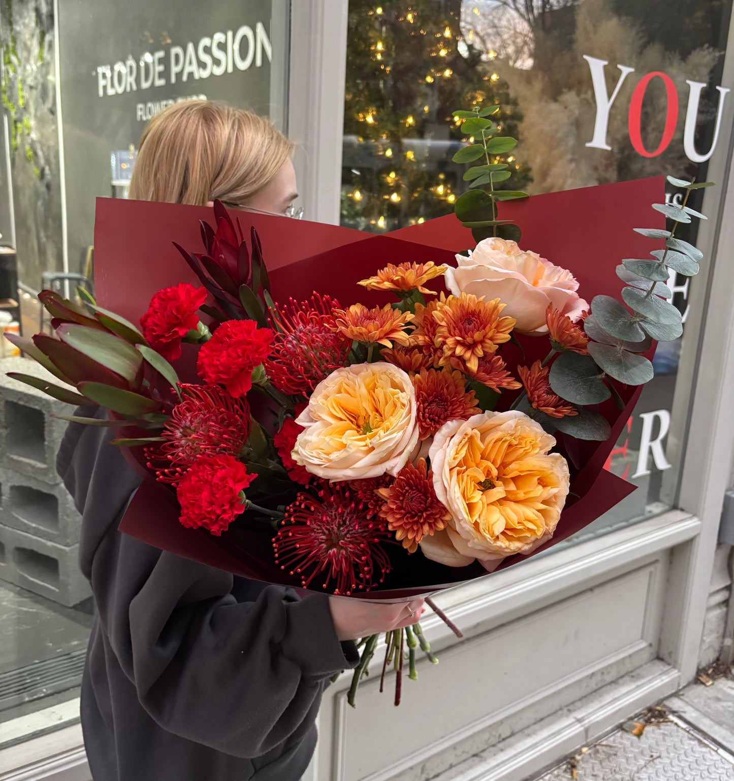 “Double Flame” Bouquet (Daisy,pincushion, garden roses,carnations, eucalyptus, leucadendron)