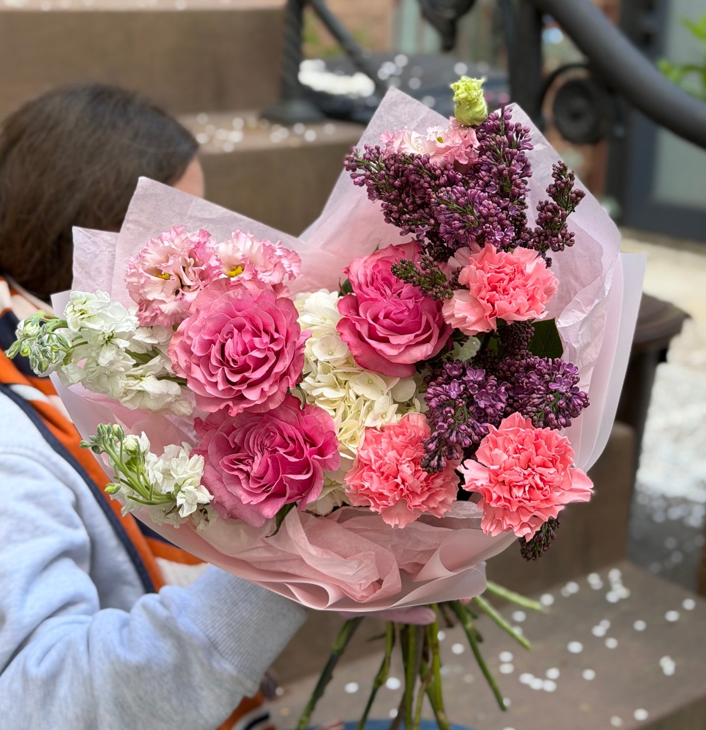 “Blush Code” Bouquet ( Country Blues Roses, Lisianthus, Stocks, Lilac, hydrangeas, carnations)