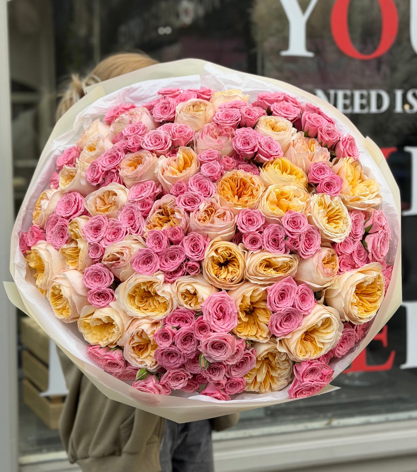 “Cream Symphony” Bouquet (Cream expression garden roses, pink spray roses)