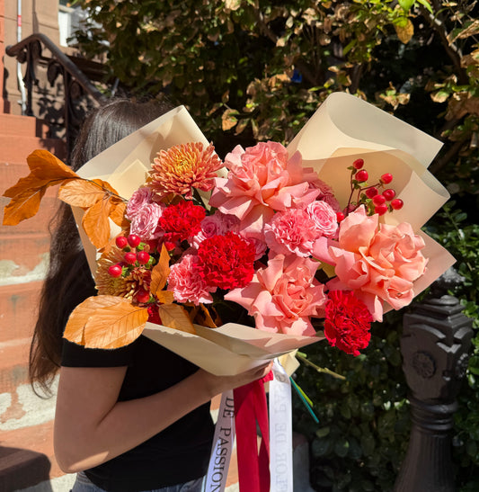 “Golden Hour” Bouquet (French Hermosa Roses, Fall Leaves, Berries, Cremon Peach, Pink Spray Roses, Dianthuses)