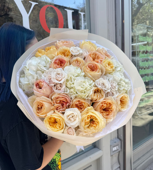 “Cream” Bouquet (Cream Expression Garden roses, white spray roses, hydrangeas)