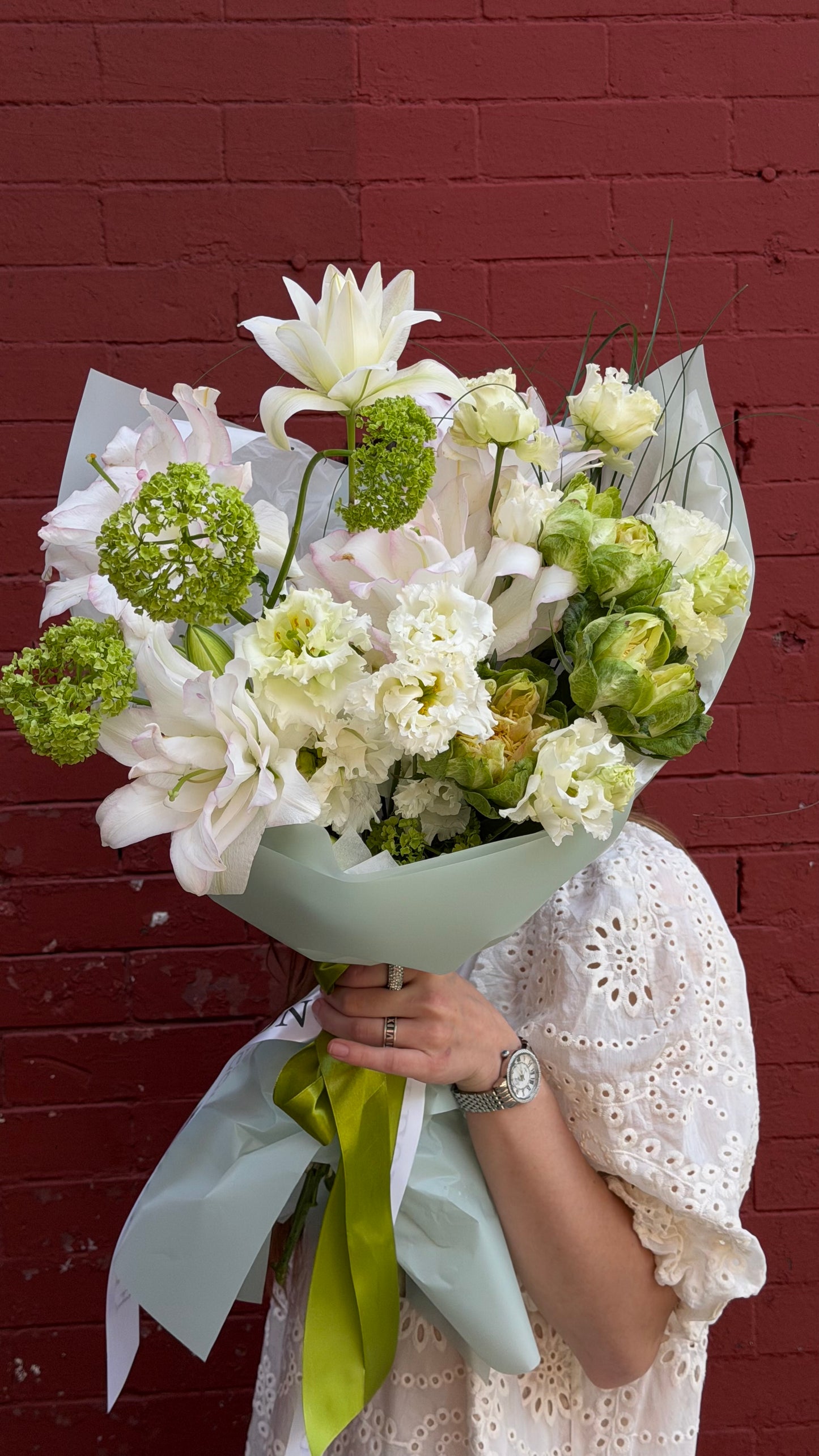 “Zesty” Bouquet (Peony Lilly, Viburnum, Veggie roses, Bear Grass, White Lisianthus)
