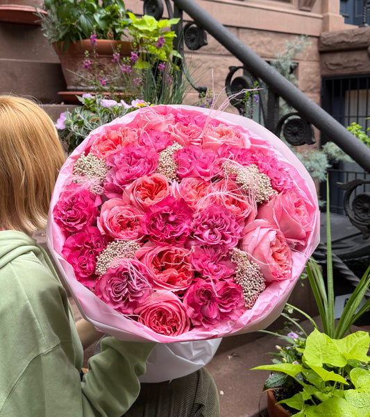 “Pink Stories” Bouquet (Country Blues Roses, Pink Expression Garden Roses, Rice Flower, Stipa)