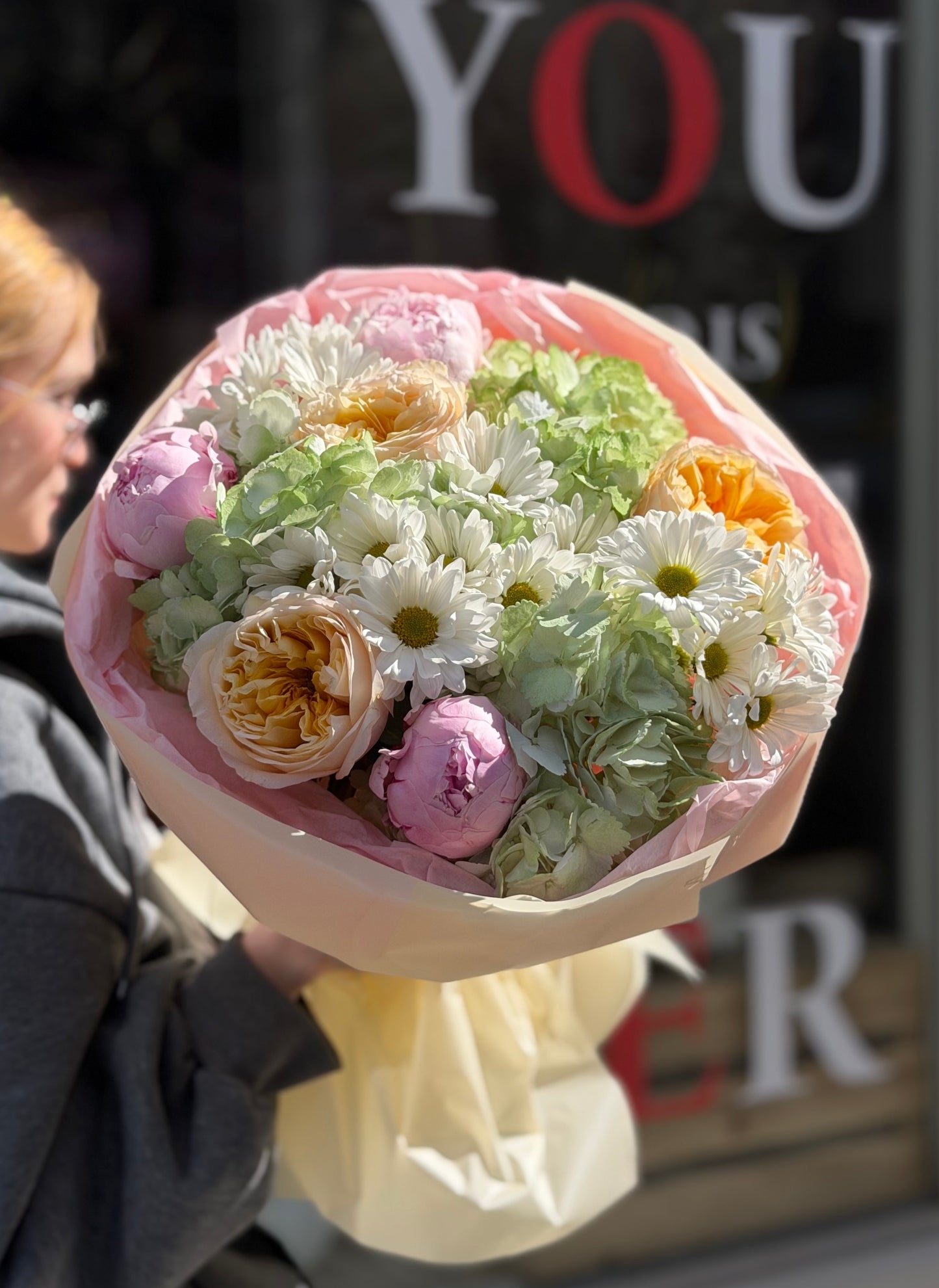 “Secret Garden” Bouquet (peonies, hydrangeas, daisy, cream expression garden roses)