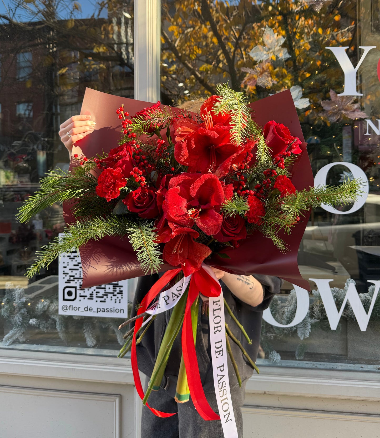 "Winter Royale" Bouquet (Amaryllis, Red Roses,Ilex,Dianthuses, Christmas Greenery)