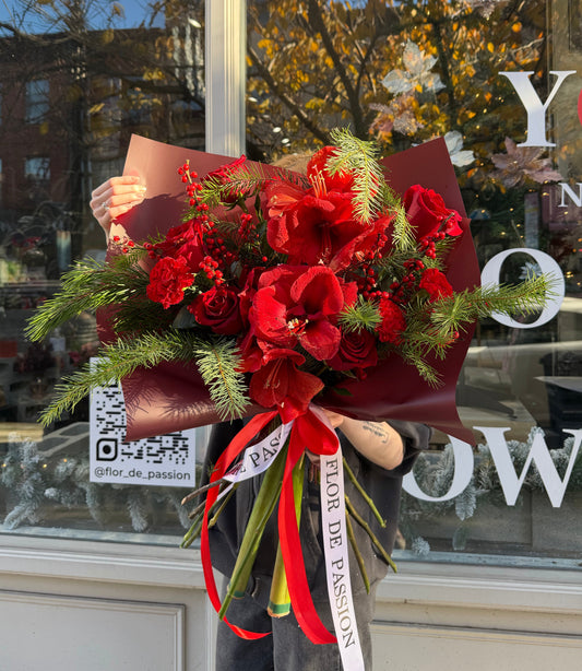 "Winter Royale" Bouquet (Amaryllis, Red Roses,Ilex,Dianthuses, Christmas Greenery)