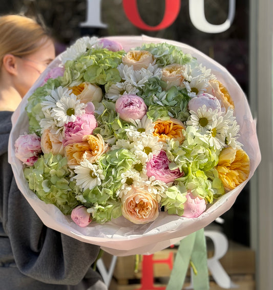 “Secret Garden” Bouquet (peonies, hydrangeas, daisy, cream expression garden roses)