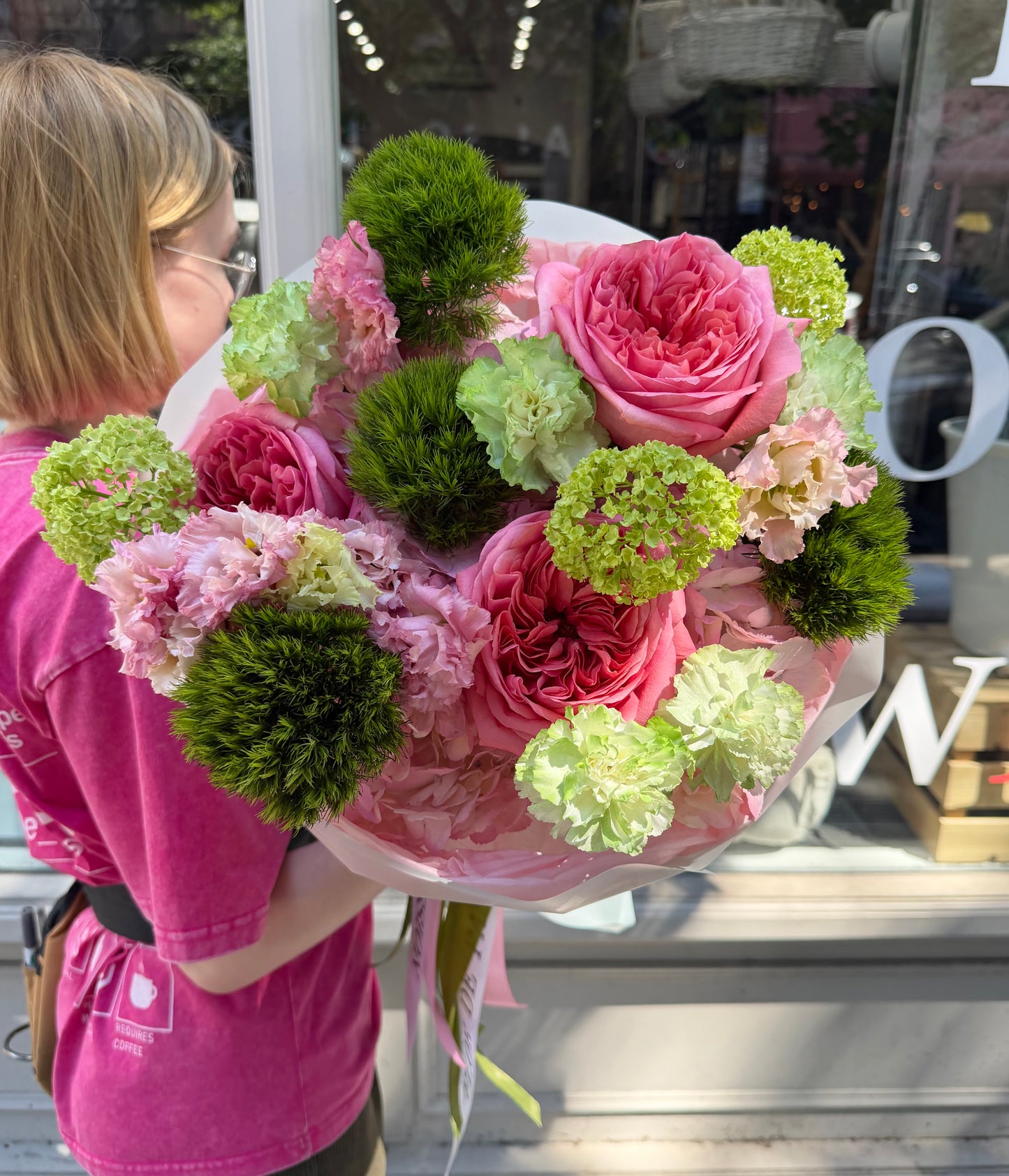 “Watermelon Sorbet” Bouquet (Viburnum, Pink Garden Roses, Green Balls, Lisianthus, Carnations, Hydrangeas)