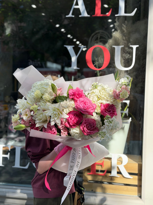 "Valvet Berry" Bouquet (Country Blues Roses, Lilys, Lisianthus, Stocks, Hydrangeas)