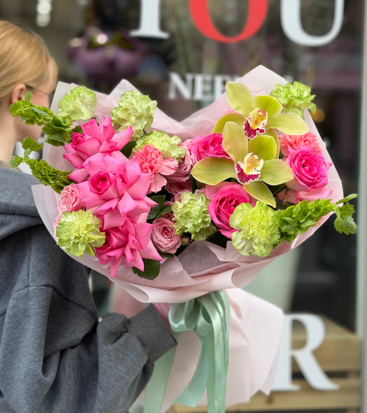 “Tropic Energy” Bouquet ( orchids, roses, carnations, spray roses, bells of Ireland)