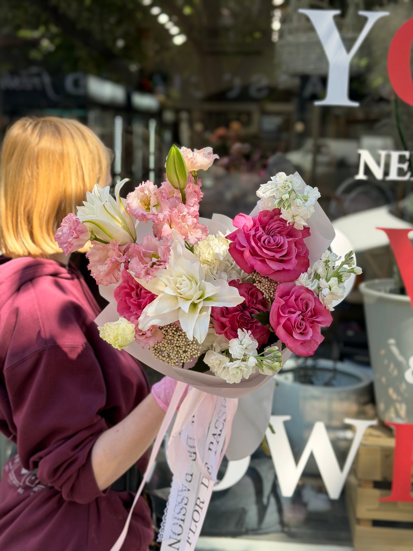 "Valvet Berry" Bouquet (Country Blues Roses, Lilys, Lisianthus, Stocks, Hydrangeas)