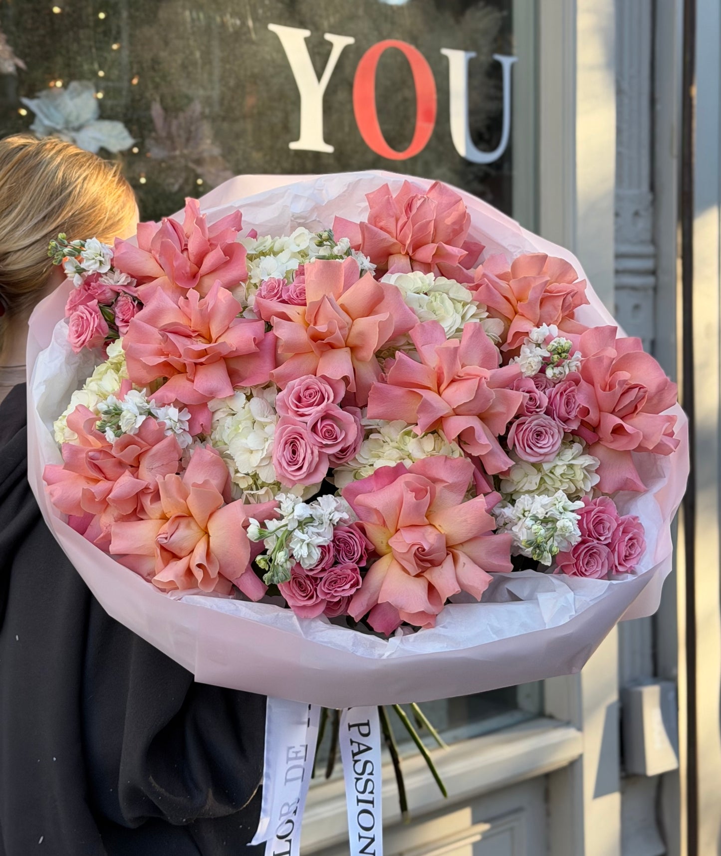 “Petal Poem” Bouquet ( French Hermosa roses, spray roses, hydrangeas, stocks)