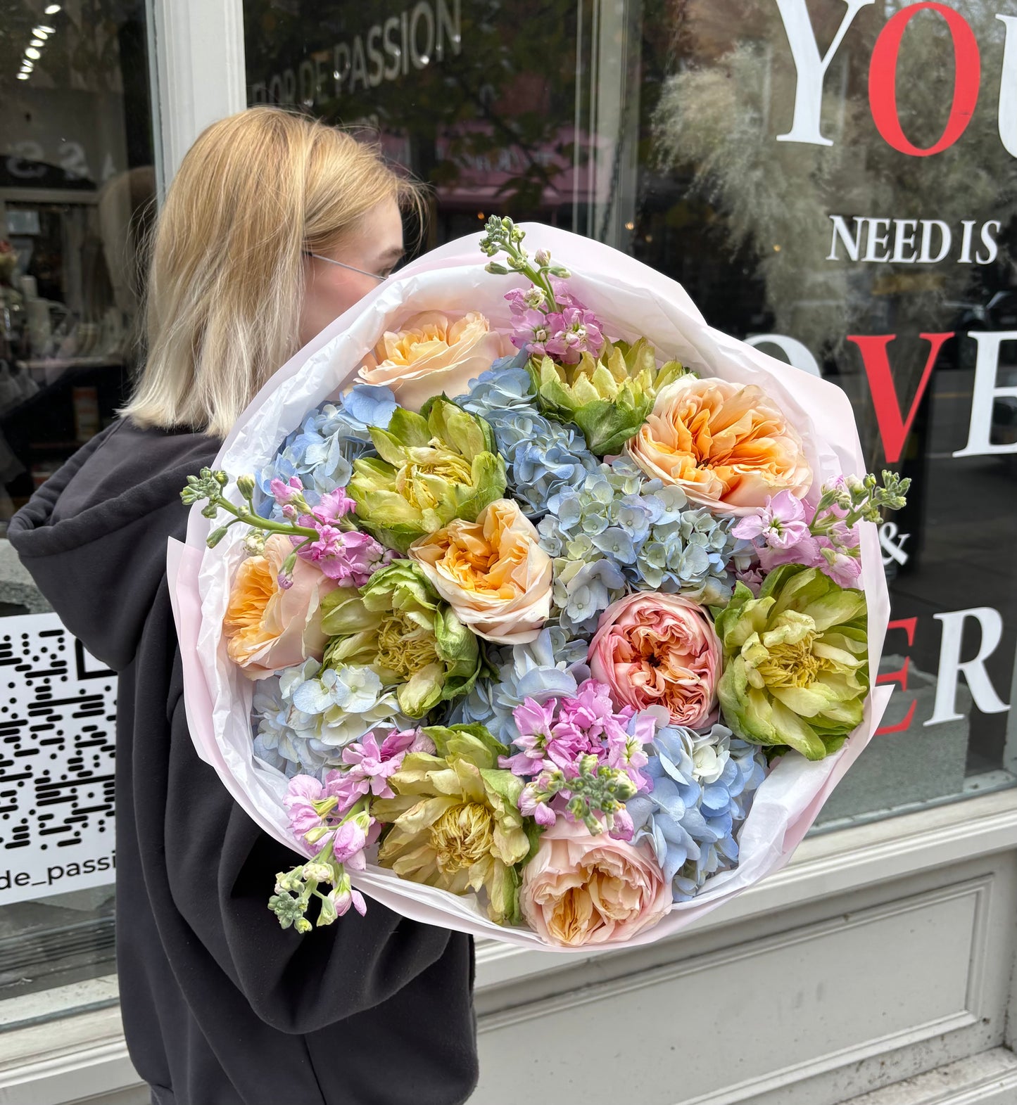 “Sugar Sky” Bouquet (Garden Roses, Veggie Roses, Hydrangeas, Stocks)