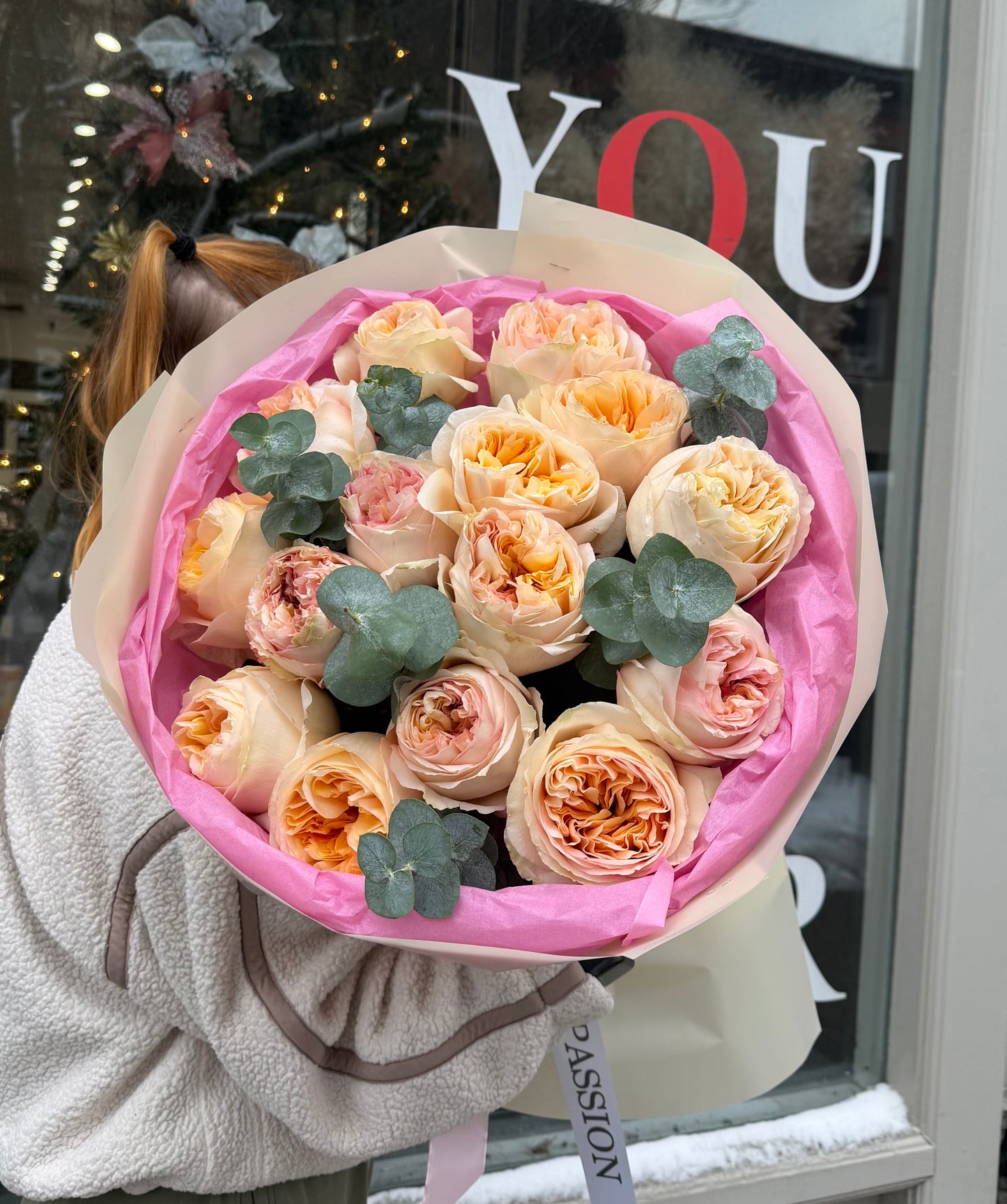 “Sweet Serenity” Bouquet (Cream Expression Garden Roses, Eucalyptus)