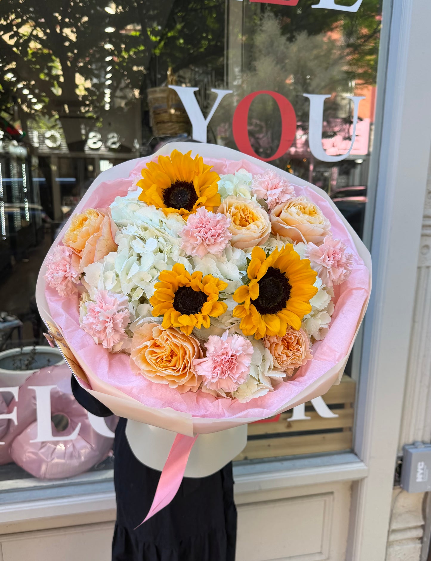 “Suncore” Bouquet (Hydrangeas, Carnations, Sunflowers, Kings Cross Roses)