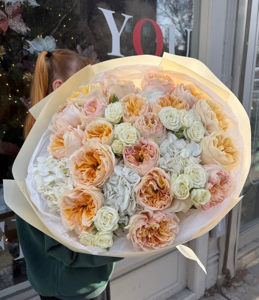 “Cream” Bouquet (Cream Expression Garden roses, white spray roses, hydrangeas)