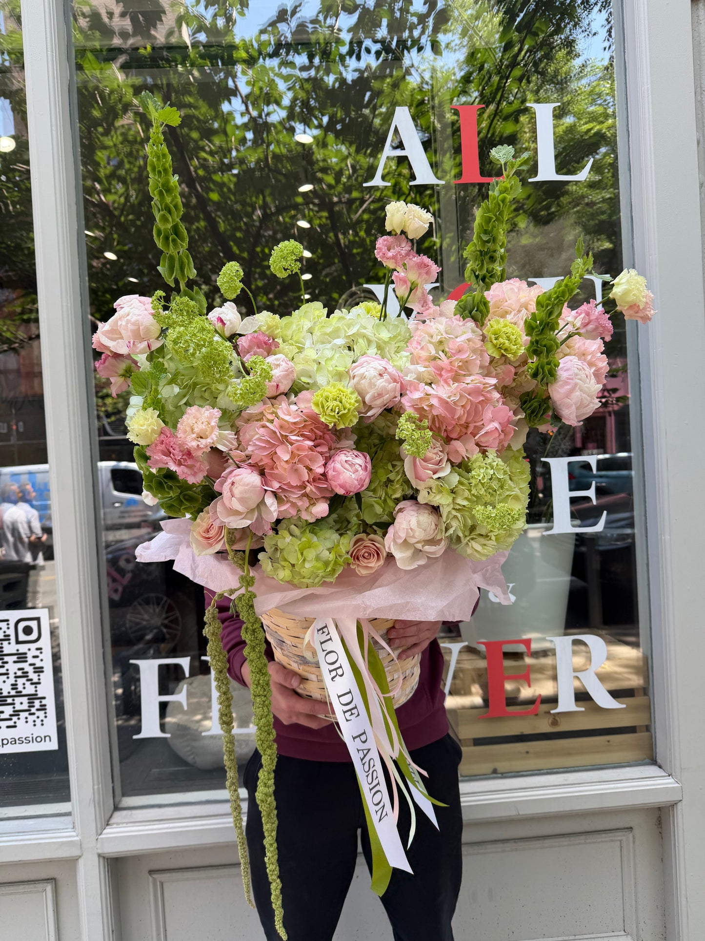 "Brownstone Bloom"Basket (Peonies, Hydrangeas, Lisianthus, Viburnum, Carnations, Roses, Bells of Ireland, Amaranth)