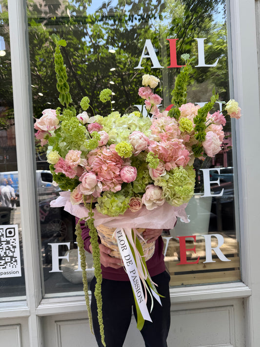 "Brownstone Bloom"Basket (Peonies, Hydrangeas, Lisianthus, Viburnum, Carnations, Roses, Bells of Ireland, Amaranth)