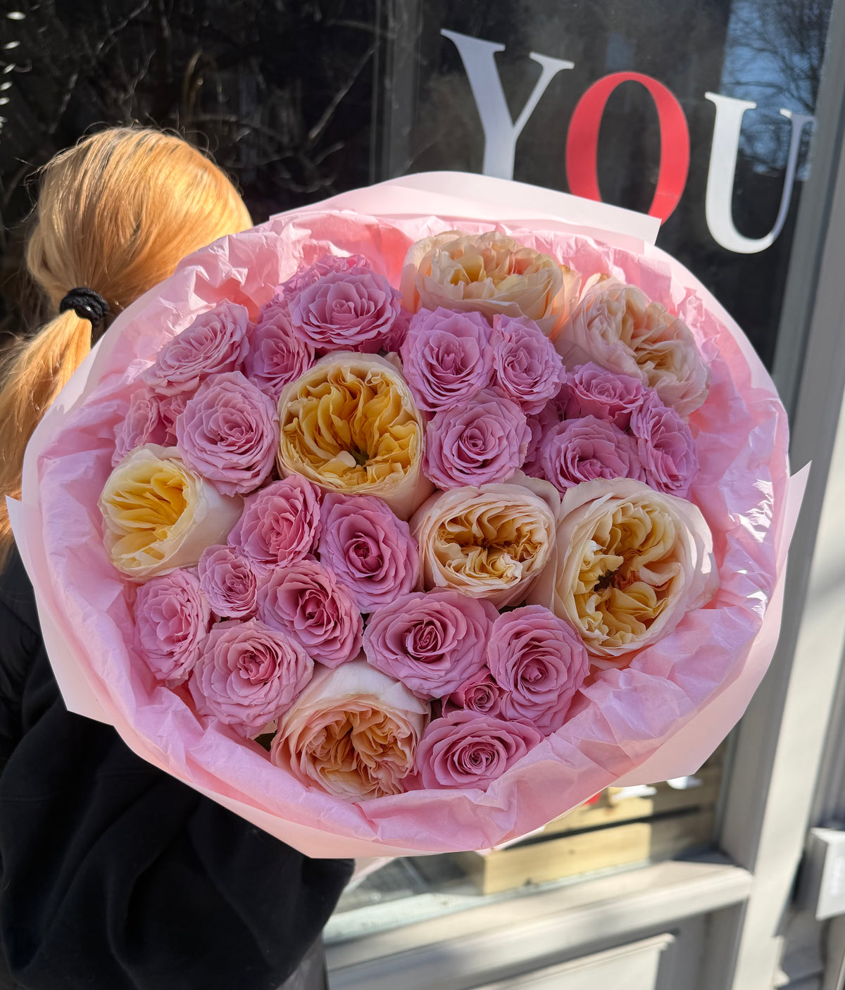 “Cream Symphony” Bouquet (Cream expression garden roses, pink spray ro ...