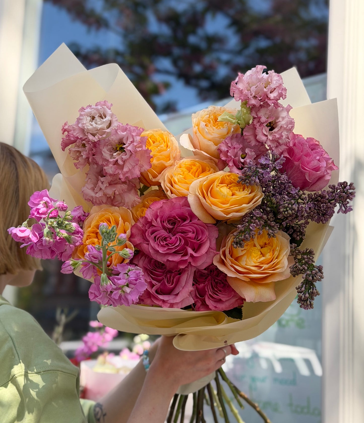 “Golden Alert” Bouquet (Lilac, Country Blues Roses, Stocks, Lisianthus, Kings Cross Roses)