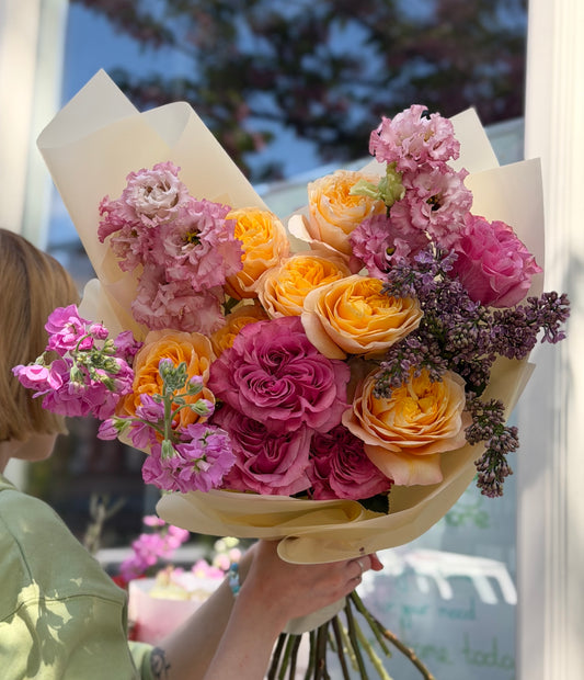 “Golden Alert” Bouquet ( Lilac, Country Blues Roses, Stocks, Lisianthus, Kings Cross Roses)