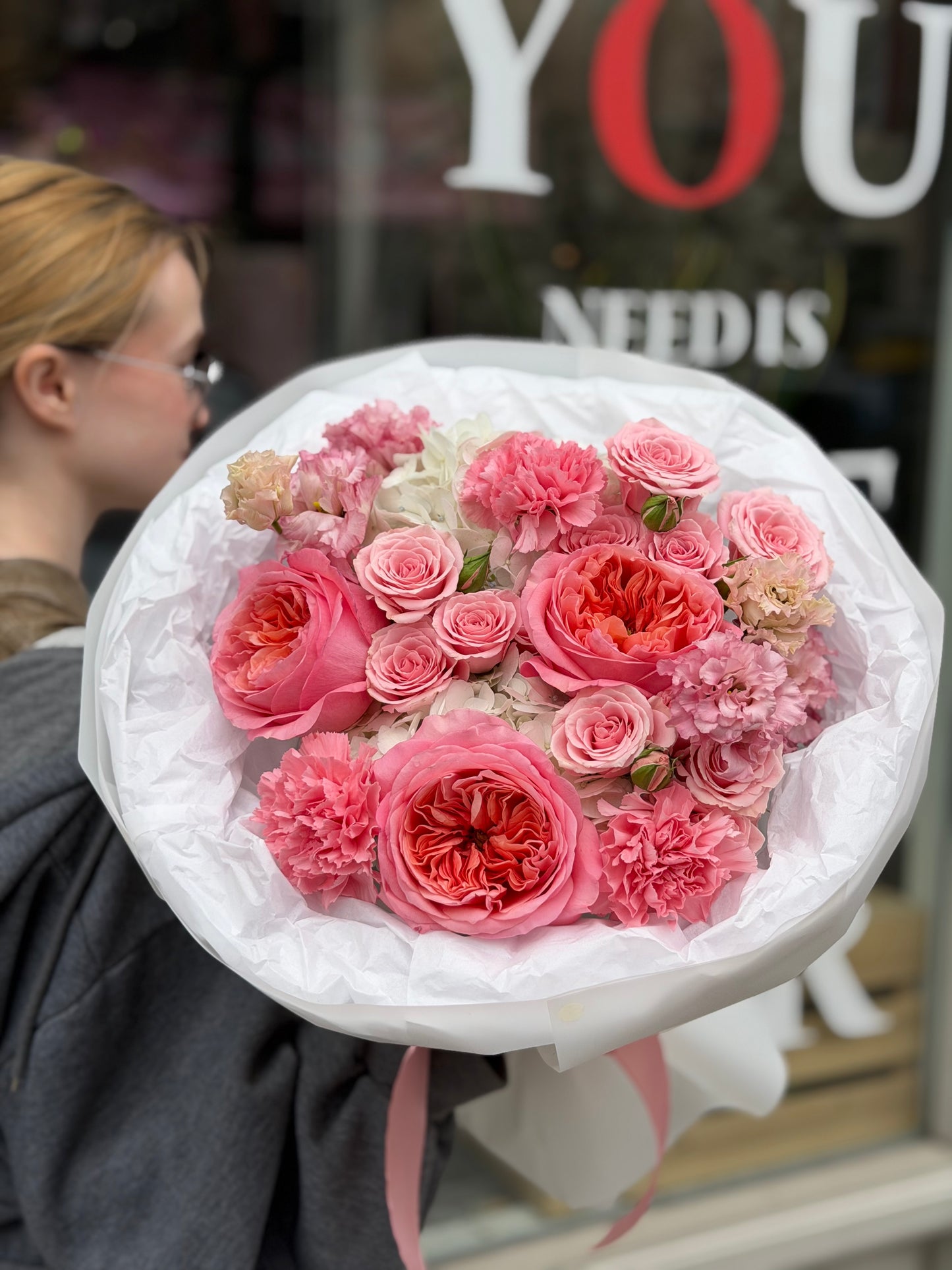 "Tender Petal" Bouquet (Pink Expression Roses, Hydrangeas, Lisianthus, Spray Roses)