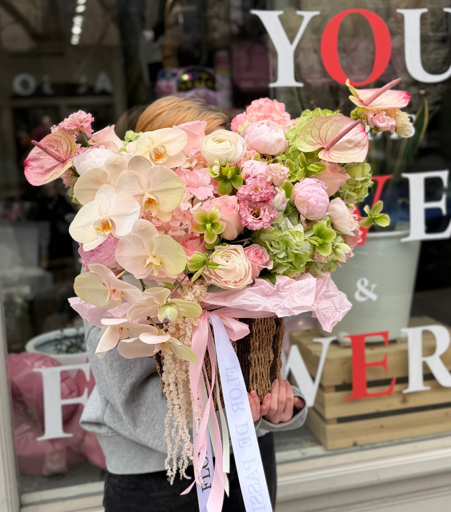 “Blush Whisper Garden” Basket (phalenopsis, anthurium, peonies , hydrangeas, lisianthus , roses, hellebores)