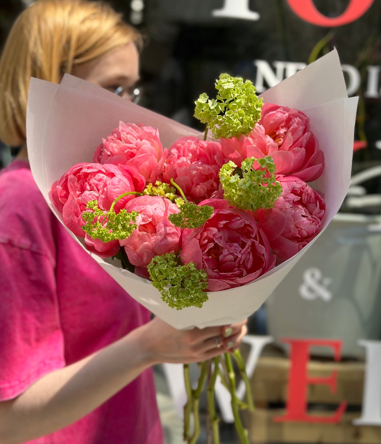 Coral Charm Peonies & Viburnum