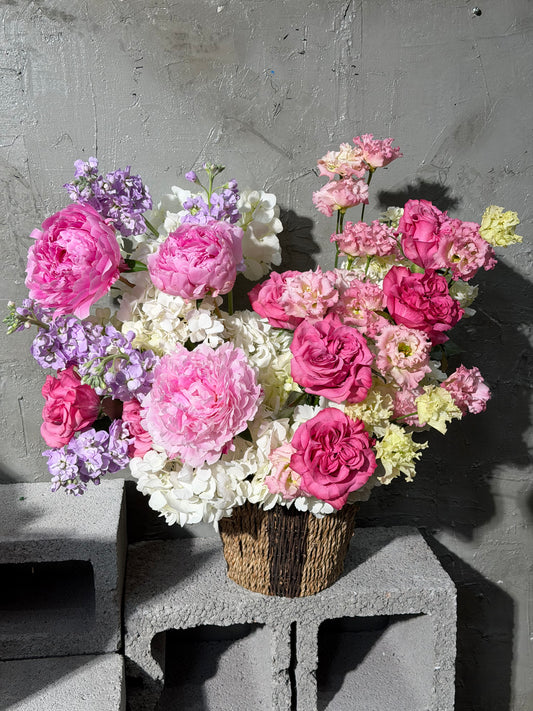“Pink Champagne” Basket (Country blues peony roses, peonies, lisianthus, stocks, hydrangeas)