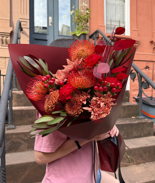 “Flame Embrace” Bouquet (pincushion, daisy, hypericum, dianthuses, leaves)