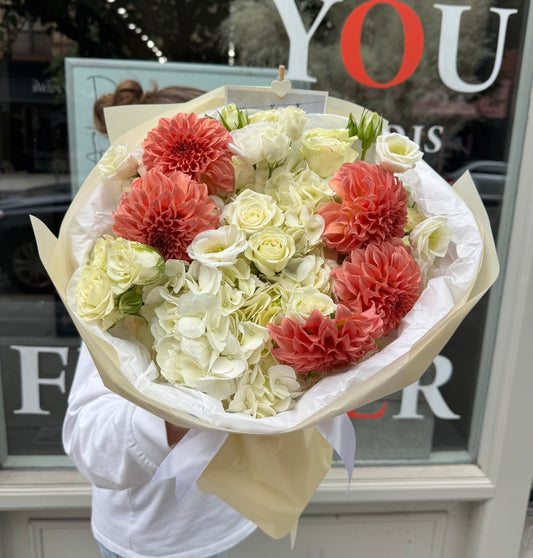 “Apricot Jam” Bouquet (Dahlias, hydrangeas, spray roses, lisianthus)