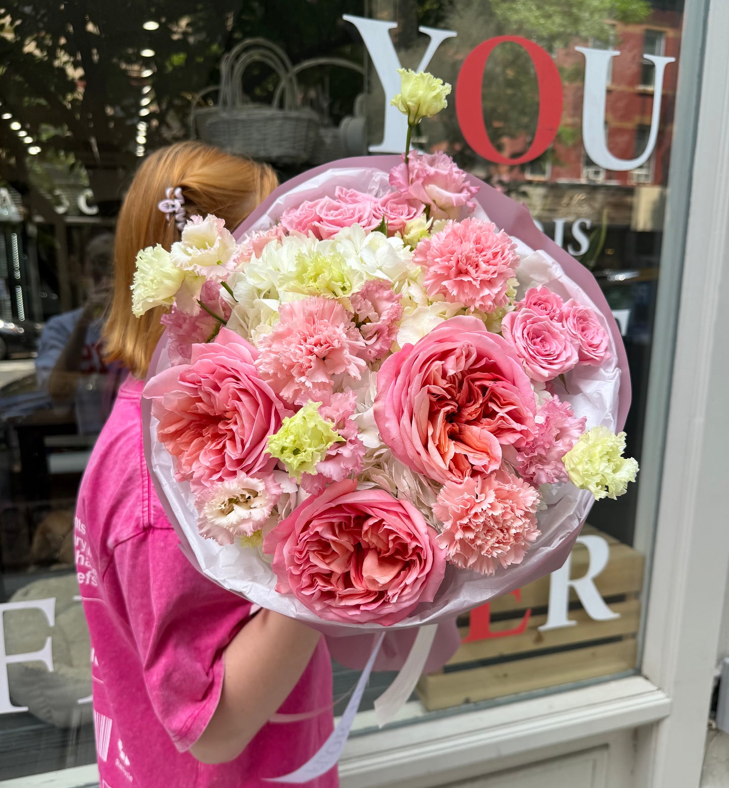"Tender Petal" Bouquet (Pink Expression Roses, Hydrangeas, Lisianthus, Spray Roses)