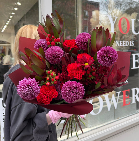 “Dark Cherry” Bouquet (Cremon, leucadendron, hypericum, carnations, chrysanthemums)