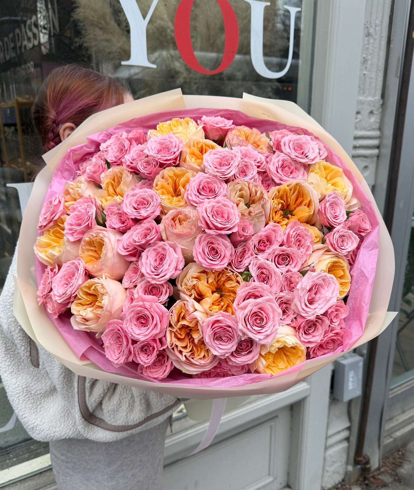 “Cream Symphony” Bouquet (Cream expression garden roses, pink spray roses)