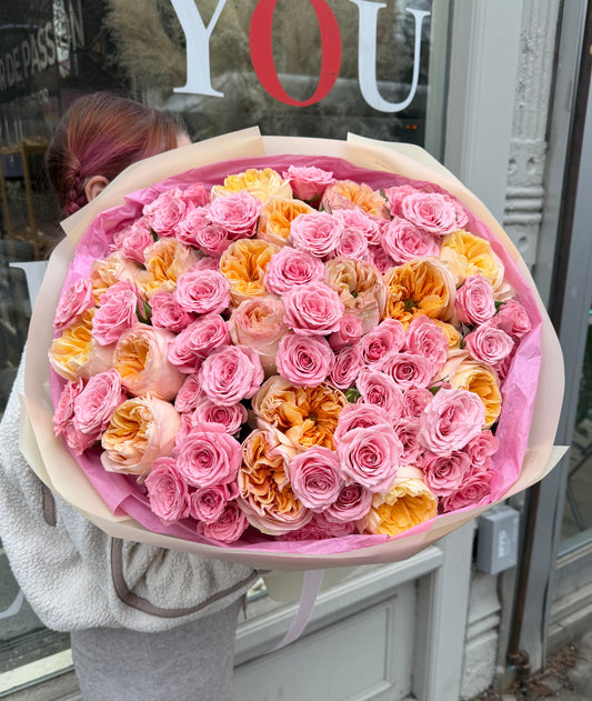 “Cream Symphony” Bouquet (Cream expression garden roses, pink spray roses)