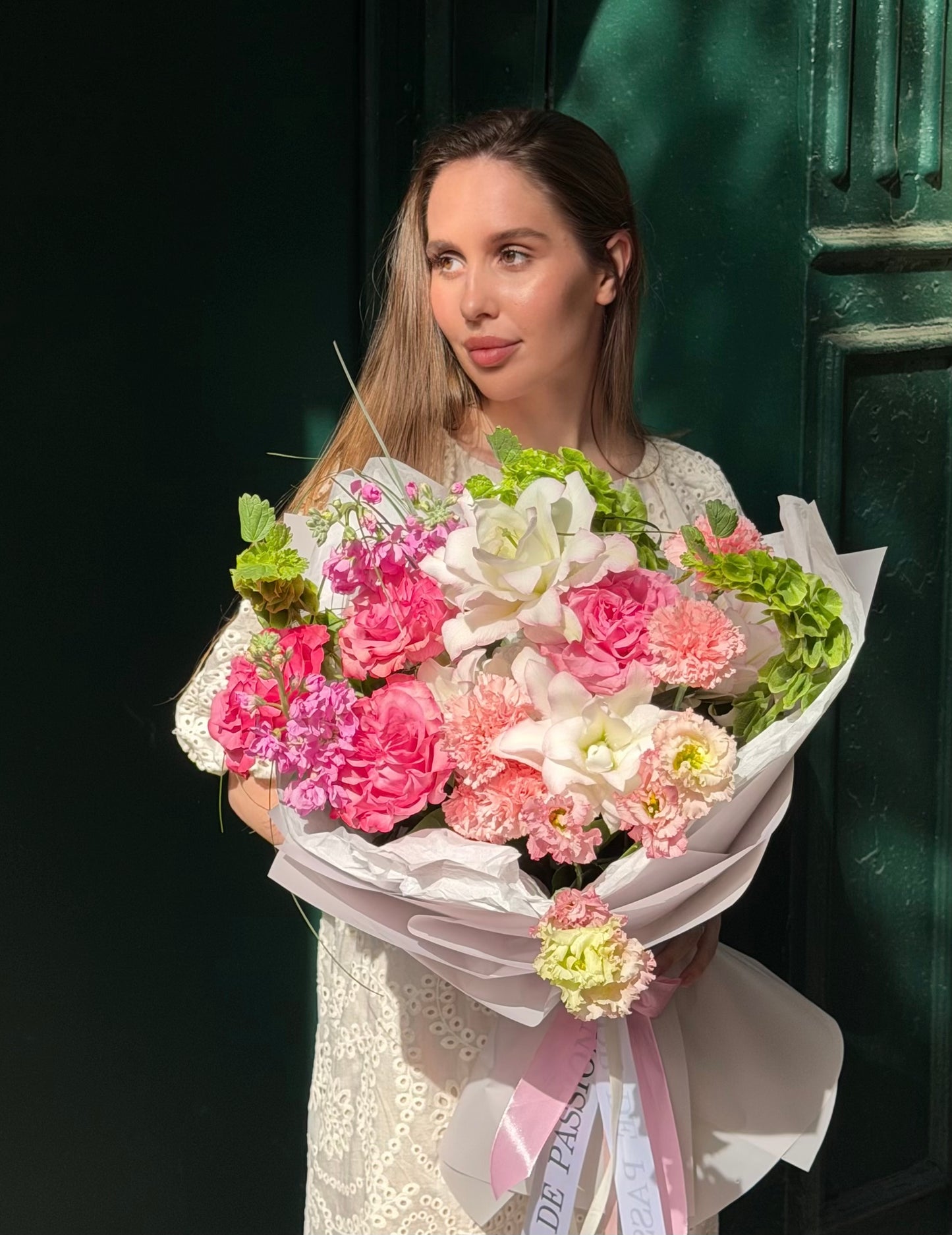 “Berry Fizz” Bouquet (Peony Lilly, Country Blues Peony Roses, Lisianthus, Hydrangea, Stocks, Bear Grass, Carnations, Bells of Ireland)