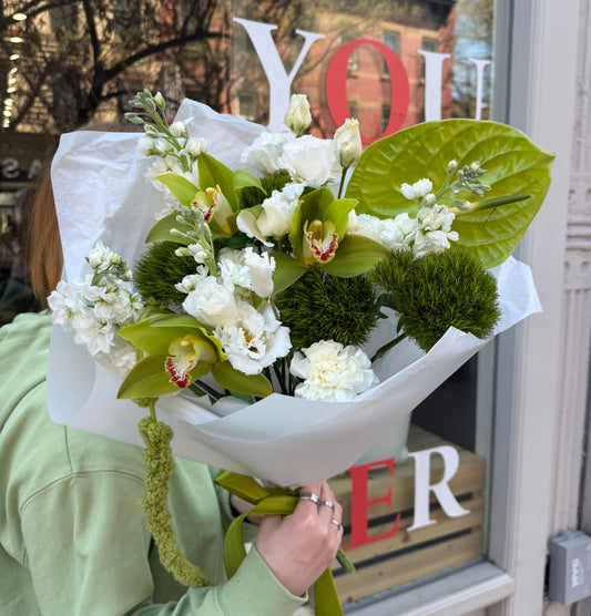 “Lime Muse” Bouquet ( Anthurium, cymbidium, stocks, green balls, lisianthus, carnations, amaranthus)