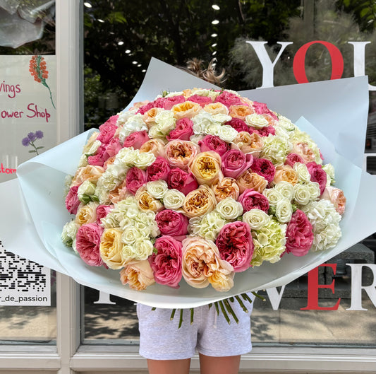 “Confession” Bouquet (pink expression garden roses, cream expression garden roses, white spray roses, hydrangeas)