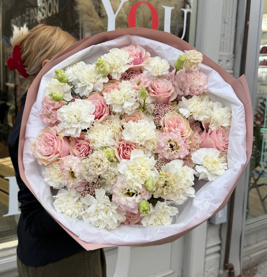 “Pink Marshmallow” Bouquet ( Pink roses, lisianthus, rice, carnation/dianthuses)
