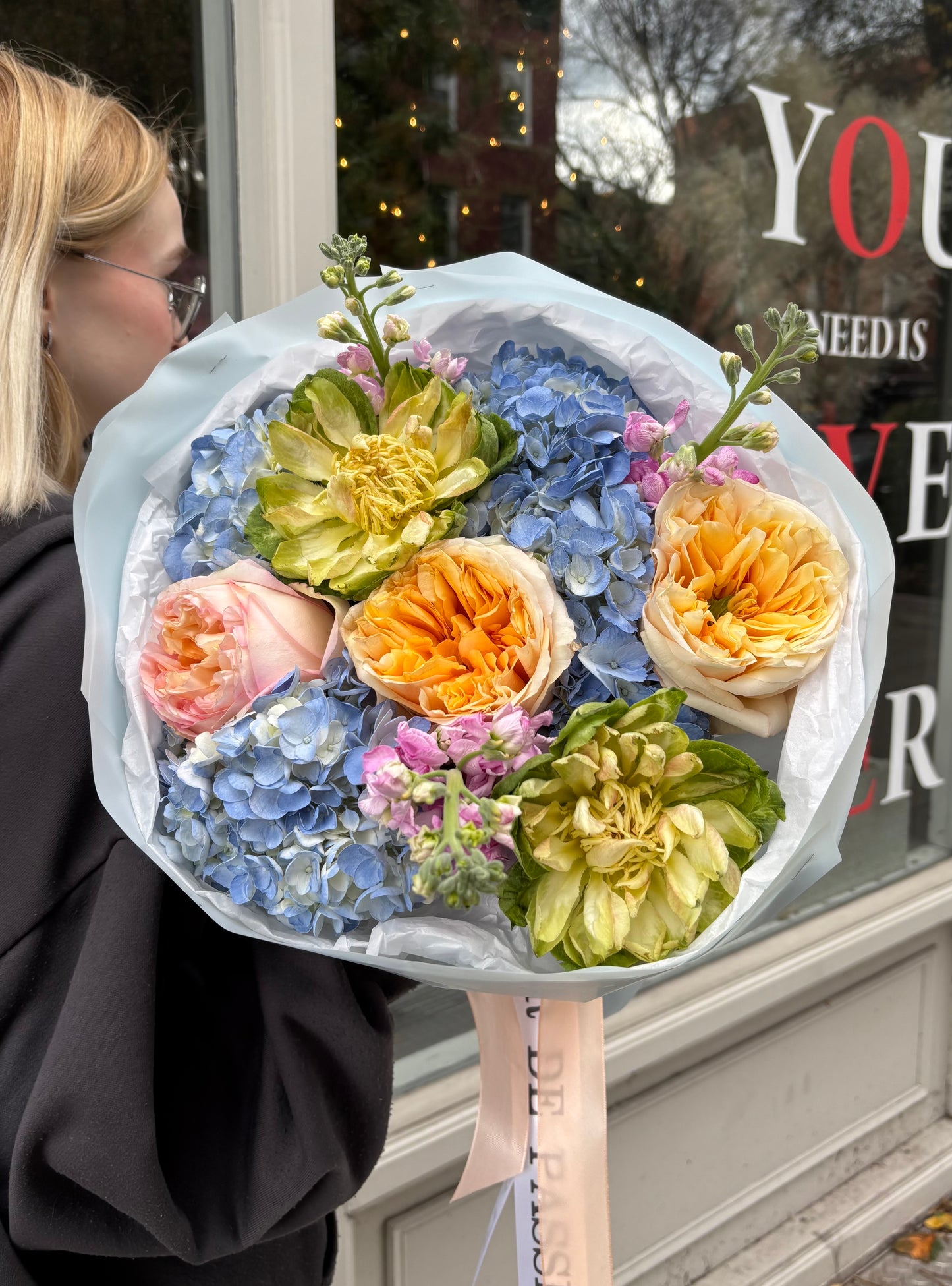 “Sugar Sky” Bouquet (Garden Roses, Veggie Roses, Hydrangeas, Stocks)