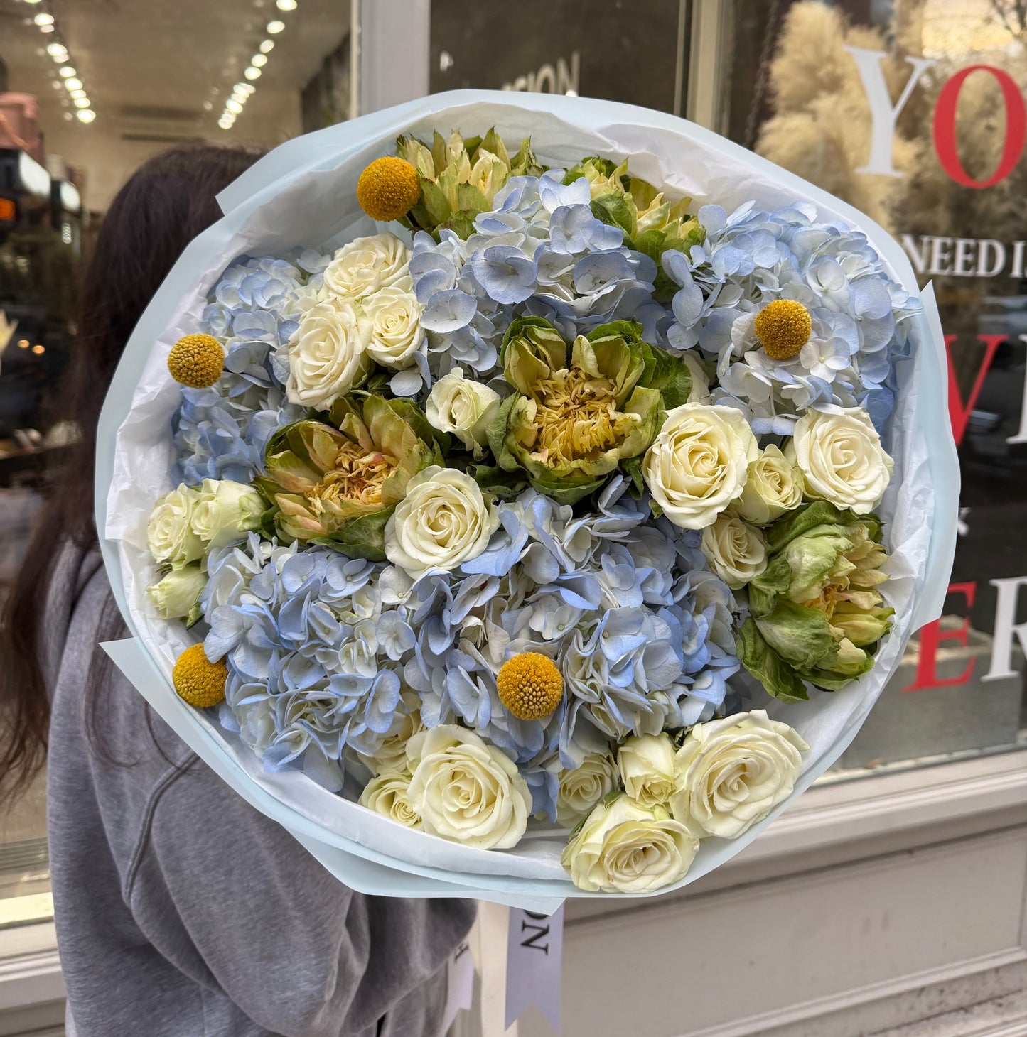 “Electric Sky” Bouquet (hydrangeas , veggie roses, craspedia, spray roses)