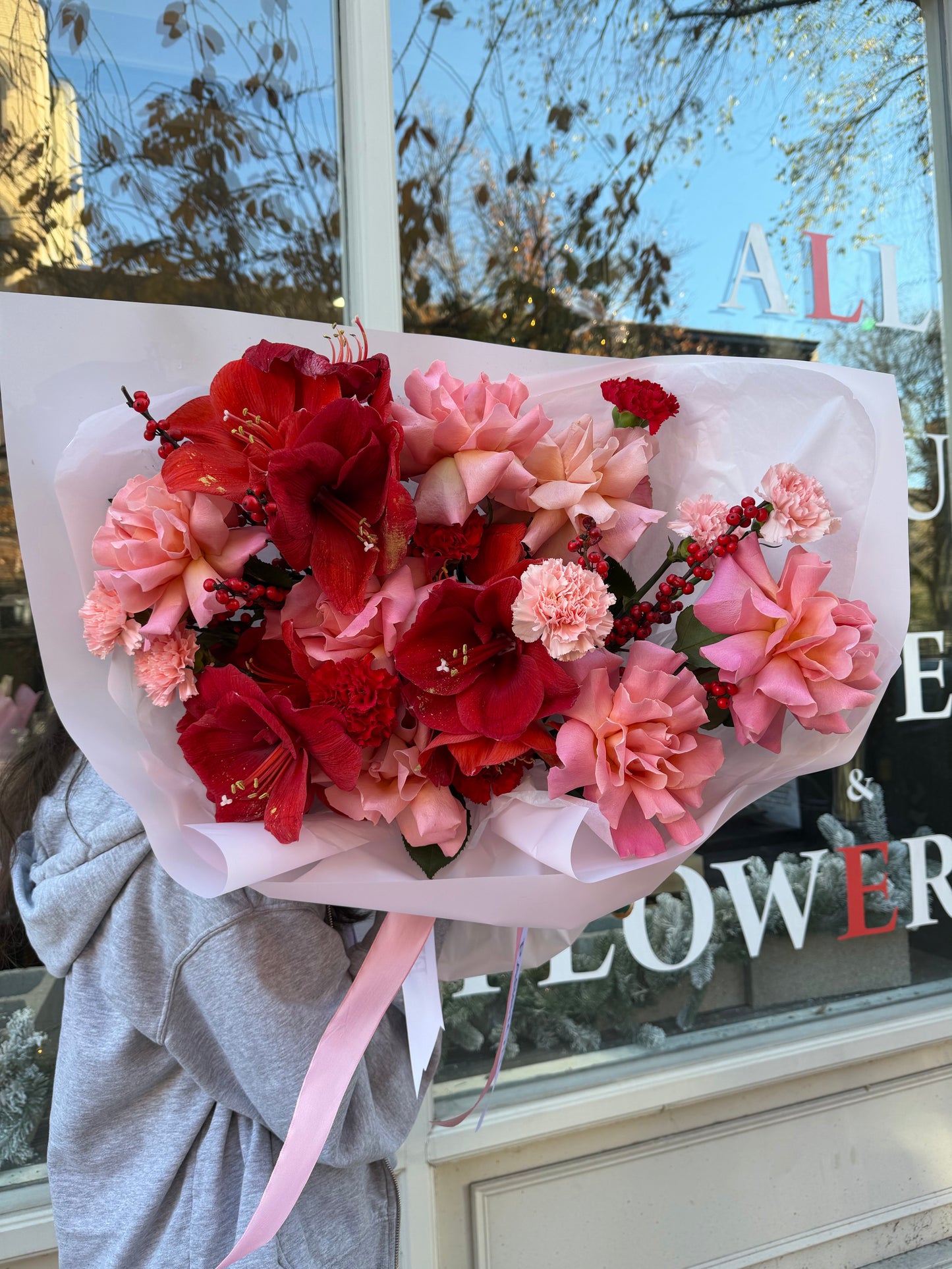 "Red Frost" Bouquet (Amaryllis, French Rose, Ilex, Dianthuses)