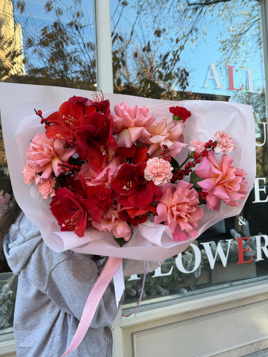 "Red Frost" Bouquet (Amaryllis, French Rose, Ilex, Dianthuses)