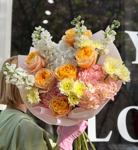 “Peach Energy” Bouquet ( Hydrangeas, Stocks, Chrysanthemums, Kings Cross Roses)