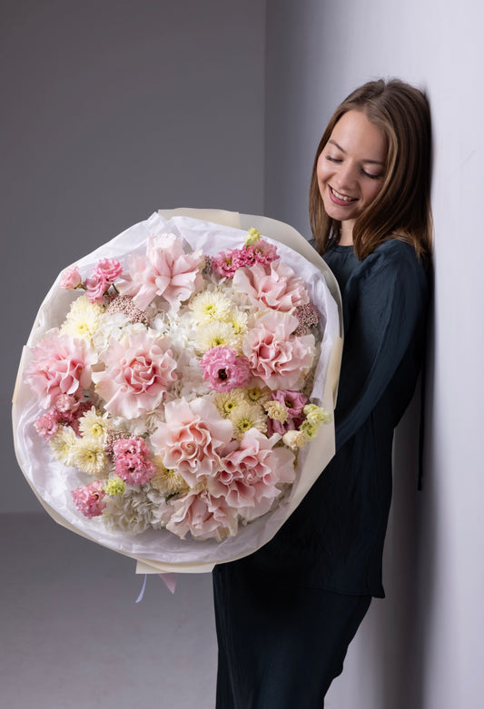 “Gentle Hug” Bouquet ( French Pink Mondial Roses, rice flower, lisianthus, cushion, hydrangeas)