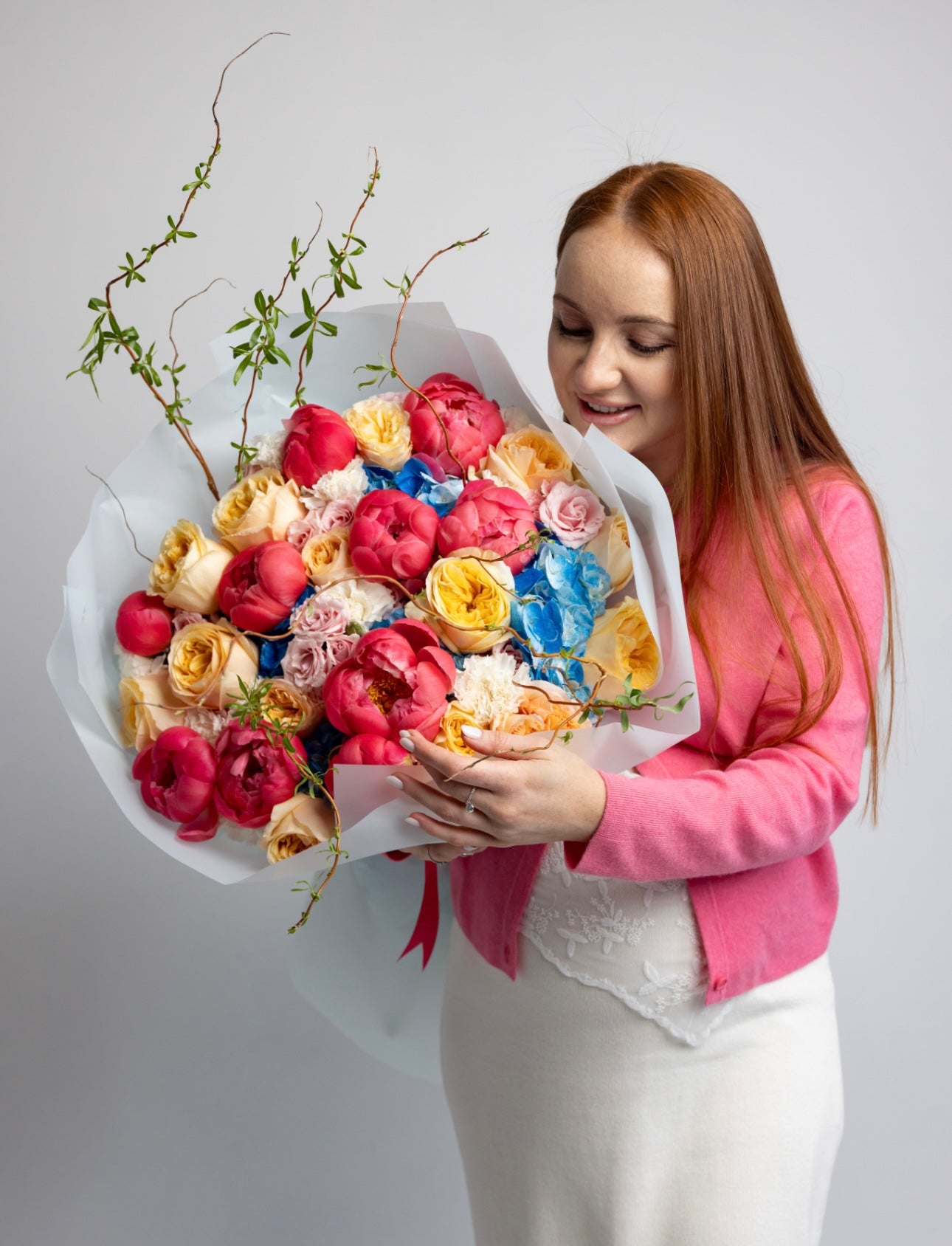 "Shadows in paradise" Bouquet ( coral peonies , garden roses, hydrangeas, spray roses, branches )