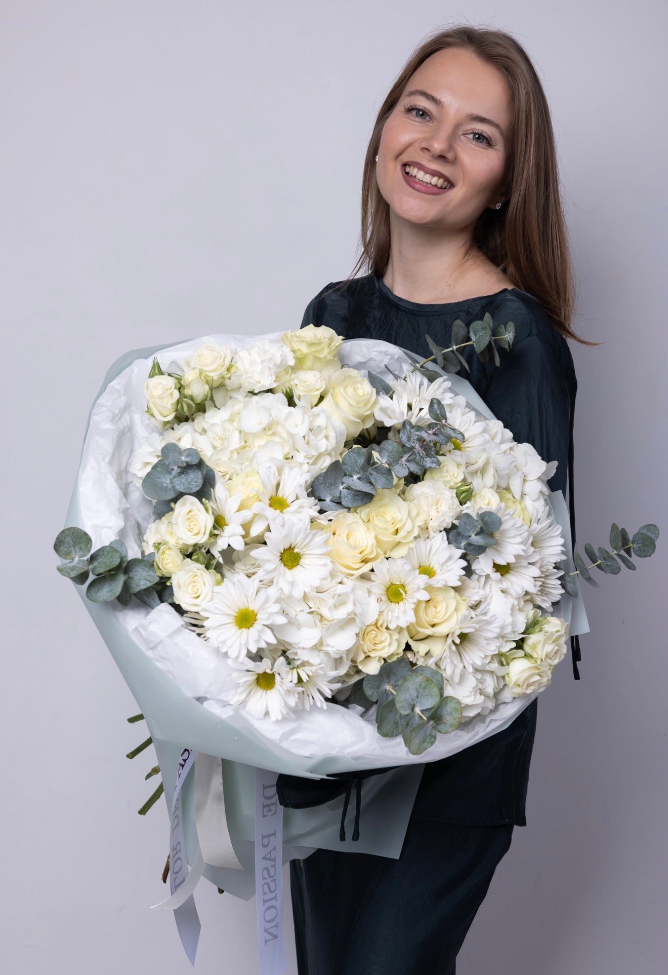“Cloud Serenade” Bouquet ( hydrangeas, daisy, roses, eucalyptus)