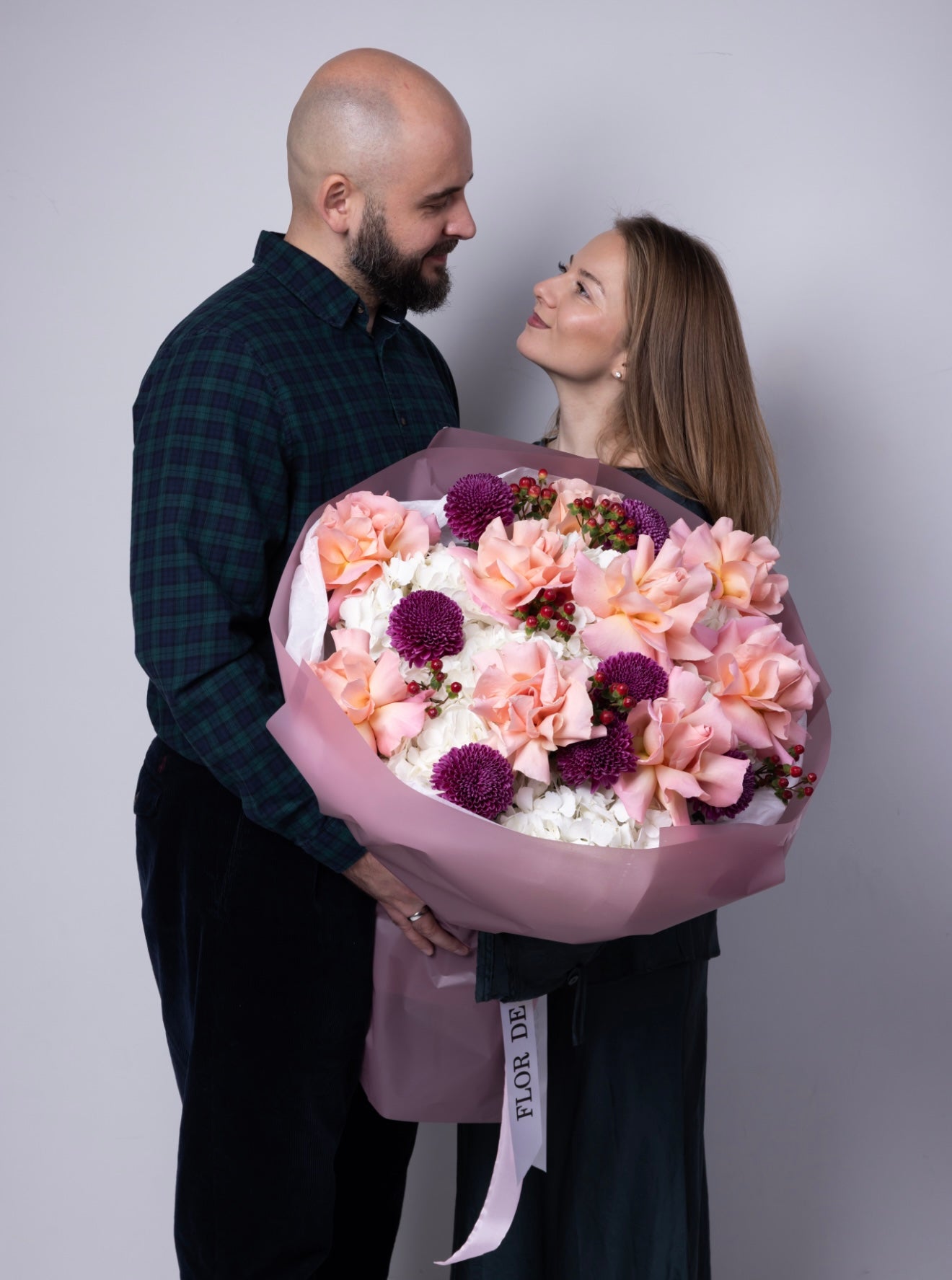 “Berry Blush” Bouquet (hydrangeas, French Hermosa Roses, Berries, Cremon Purple)